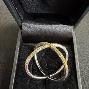 Silver Crossover Ring with Yellow CZ crystals across band